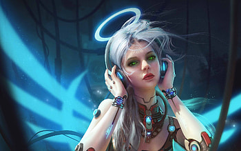 Mech angel, frumusete, quan shengwu, art, fantasy, gorgeous, cyber, angel, blue, heads, superb HD wallpaper