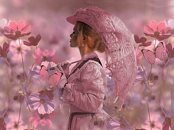 Delicate Pink Ladies 16, umbrella, pink, black, soft, lovely, dress, hat, vintage, delicate HD wallpaper