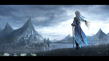 Neuvillette (Genshin Impact), long hair, white hair, city, mountain, video game, Genshin Impact HD wallpaper