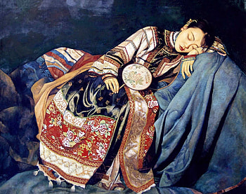 Nap, dili feng, evantai, blue, art, asian, girl, woman, hand fan, painting, di li feng, pictura, red HD wallpaper