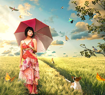Trip Home- Summer, umbrella, girl, dress, beauty, summer, pretty, red, lovely, female HD wallpaper