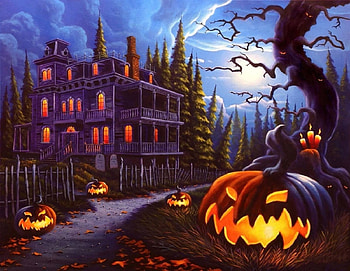 Jack-O-Lantern Lane, ghosts, spooky, paintings, pumpkins, jack-o-lantern, love four seasons, halloween, holiday, fantasy, autumn, candles, fall season, haunted house, moons HD wallpaper