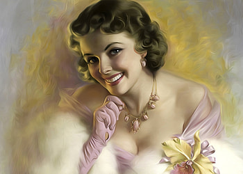 Portrait of a lady, white, art, smile, girl, woman, fur, retro, pink, lady, painting, flower, yellow, orchid, vintage HD wallpaper