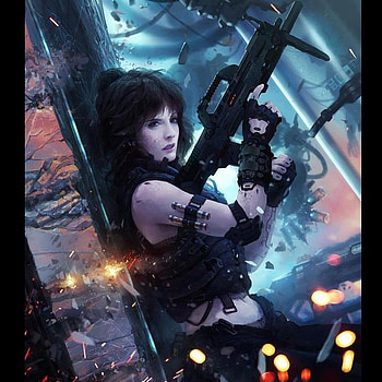 Hardcore, girl, digital art, beauty, action, fantasy, pretty, weapon, fire, female HD wallpaper
