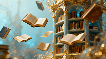 : Golden Library of Floating Books | Gilded Floating Library -, Book, Library, Bookshelf HD wallpaper