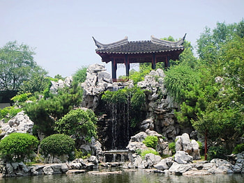 Garden, pavilion, rock, tree HD wallpaper
