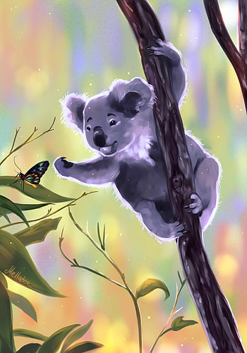 Art, Branches, Butterfly, Touching, Touch, Koala HD phone wallpaper