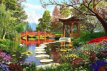 Japanese Garden, boat, path, steps, gazebo, artwork, painting, bridge, trees, flowers, water HD wallpaper