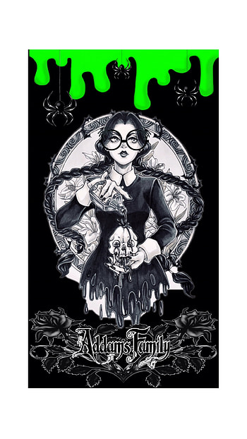 Wednesday, addams, addamsfamily, greendrip, skull, spiders, wednesdayaddams, blackroses HD phone wallpaper