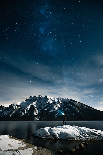 Nature, Mountains, Night, Snow, Lake, Human, Person HD phone wallpaper
