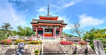 Stunning view of a traditional Japanese temple surrounded by lush gardens in Kyoto. HD wallpaper
