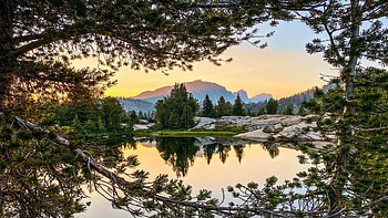 Cirque of the Towers, Wyoming, branches, sky, water, mountains, reflections, sunset, usa HD wallpaper