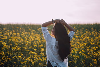 Woman in white shirt enjoying a sunny day in a blooming flower field. HD wallpaper