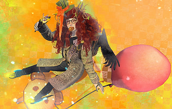 Fantasy girl, rendering, sweets, art, girl, woman, pink, fantasy, yellow, game, balloon, redhead HD wallpaper