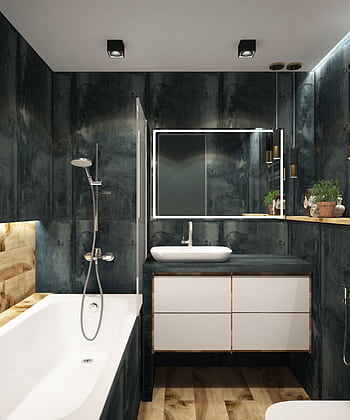 A contemporary bathroom showcasing black marble walls, clean lines, and modern fixtures, exuding luxury and style. HD phone wallpaper