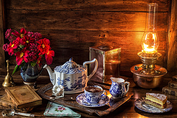 Still life, Cake, Kerosene lamp, Kettle, Bouquet, Book HD wallpaper
