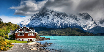 mountain home, snow, house, shrubs, lake, mountain HD wallpaper