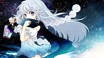 Sae Ishikawa, blue, white dress, white hair, snow, girl, lantern HD wallpaper