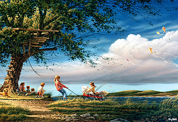 Spring Fever, artwork, children, painting, clouds, meadow, nature, sky, tree HD wallpaper