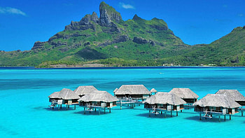 Aqua Blue Lagoon and Luxury Water Villas at Bora Bora Tropical Island Tahiti, island, blue, sand, tropical, society islands, tahiti, beach, reef, volcanic, bungalows, water, islands, ocean, sea, coral, villas, pacific, exotic, paradise, aqua, south, lagoon, french, polynesian, turquoise, atoll, waters, shallow, bora bora, polynesia HD wallpaper