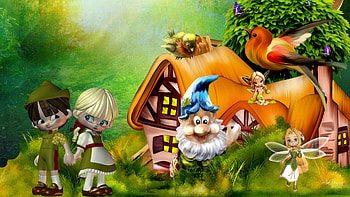 Adventure in Fairy Land, birds, house, gnome, story, fantasy, elves, green, trees, fairies, whimsical, forest HD wallpaper