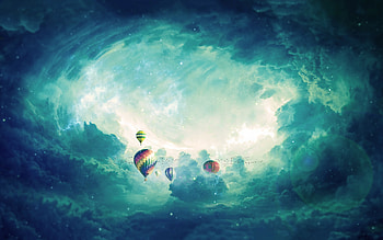 Art, Clouds, Balloons, Surrealism HD wallpaper