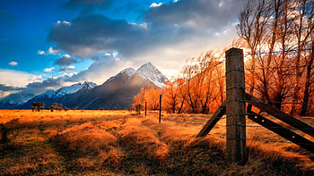 Autumn sunrise breeze, New Zealand, fall, clouds, trees, colors, landscape, sky, mountains, hills, fence, fields HD wallpaper