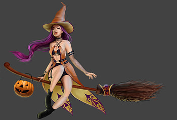 Witch, frumusete, broom, girl, nkung tran, halloween, fantasy, pumpkin, hat HD wallpaper