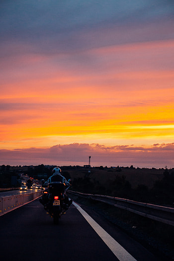 Nature, Sunset, Sky, Clouds, Road, Markup, Motorcyclist HD phone wallpaper