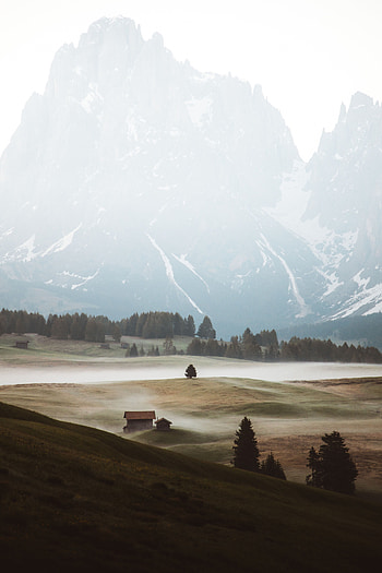 Nature, Trees, Mountains, Building, Fog, Hills HD phone wallpaper