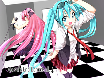 Hatsune Miku and Megurine Luka - World's End Dancehall, awesome, nice, hatsune, checkered, white, hatsune miku, twintail, girl, aqua, pink hair, anime, pretty, megurine, virtual, blue, luka, black, cute, vocaloid, dress, beauty, miku, vocaloids, thighhighs, megurine luka, skirt, beautiful, diva, tie, pink, aqua hair, cool, idol, micro HD wallpaper