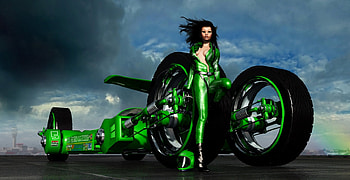 Green Goddess, abstract, cg, 3d, fantasy, machine, racer, female HD wallpaper