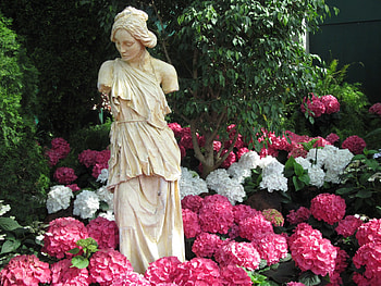 The pyramids display gardens 85, hydrangeas, graphy, red, Flowers, garden, statue HD wallpaper