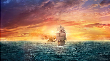 Tall Ship at Sea, sea, Firefox Persona theme, stormy, skull island, tall ship, wind, Pirates, sailing ship, sky, sunset HD wallpaper