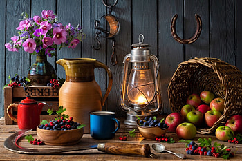 Still life, Kettle, Basket, Flowers, Apples, Lamp, Berries HD wallpaper