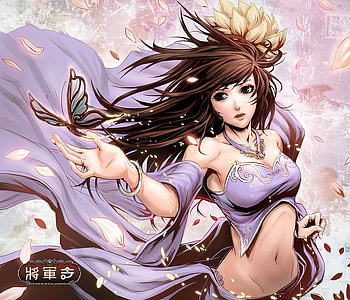 Daio Chan, games, girl, long hair, anime girl, dynasty warriors, lone, anime, butterfly, video game, pretty, video games, game, brown hair, green eyes, female HD wallpaper