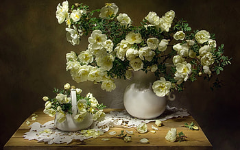 White Roses, wooden, still life, white, roses, vase HD wallpaper