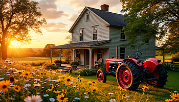 Stunning Farmhouse at Sunset, farmhouse, tractor, flower, countryside HD wallpaper