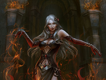 Flame summoner Darci, fantasy, hoanglpsolan, girl, luminos, dark, witch HD wallpaper