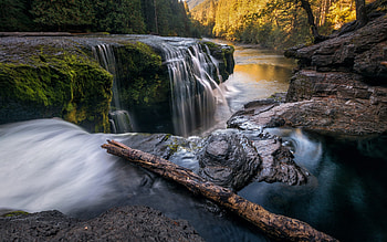 mountain river, evening, sunset, waterfall, forest, yellow trees, mountain landscape HD wallpaper