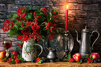 Still life, Candle, Bunches, Peaches, Berries HD wallpaper