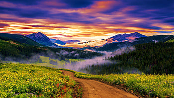 Sunset in the mountains, landscape, colors, clouds, road, meadow, flowers, sky, rocks HD wallpaper
