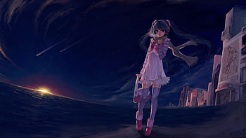 Stroll on the Beach, horizon, night, seaside, awesome, stars, nice, beach, hatsune, ocean, model, blue eyes, hatsune miku, twintail, blue hair, aqua, anime, pretty, virtual, blue, song, night sky, cute, vocaloid, dress, beauty, miku, buildings, music, vocaloids, thighhighs, shooting stars, sun, sea, beautiful, diva, cool, clouds, sky, idol HD wallpaper
