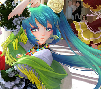 Hatsune Miku, white, dance, blue hair, girl, beauty, anime, flamenco, flower, manga HD wallpaper
