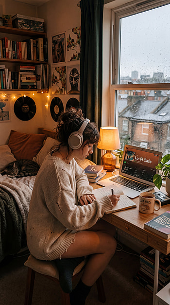 woman, lofi, desk, laptop HD phone wallpaper