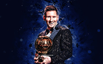 Lionel Messi Ballon dOr 2021, , blue neon lights, football stars, PSG, Leo Messi, creative, Lionel Messi with golden ball, Lionel Messi , Ballon dOr 2021 HD wallpaper