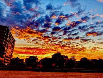 Orange morning sky, winter, clouds, sky, orange, beach HD wallpaper