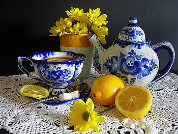 Good morning !, blue, invitation, morning, color, tea, beautiful, cup, still life, lemon, yellow, flowers, porcelain, teapot HD wallpaper