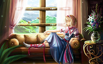 Anime, Landscape, Girl, Window, Table, Sofa HD wallpaper