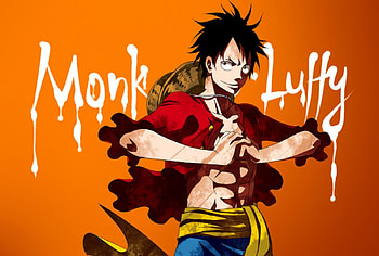 Monkey D. Luffy, monkey d luffy, pirate, one piece, luffy, lone, anime, male, orange background, spiky hair, hat HD wallpaper